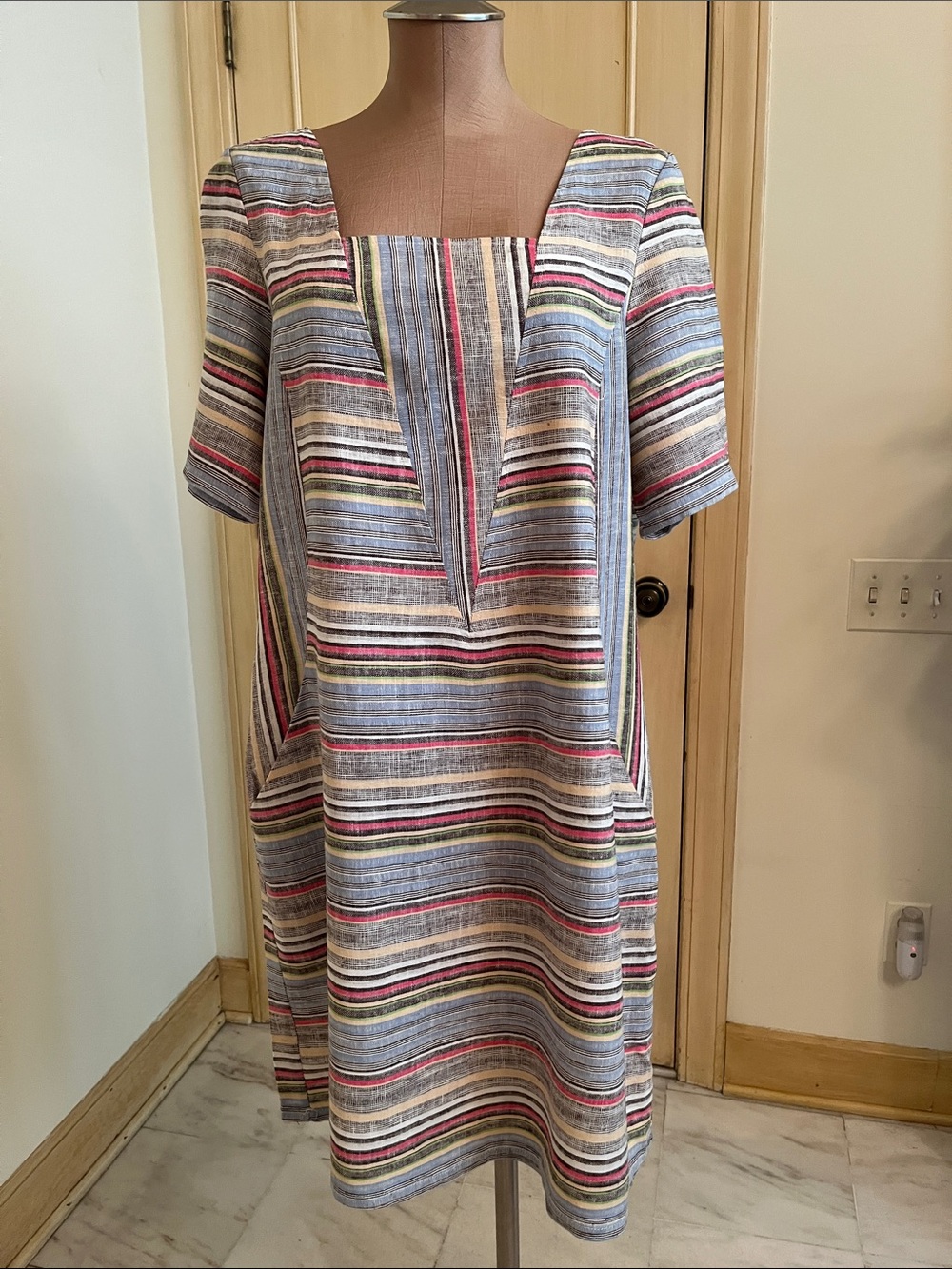 FOR CYNTHIA Career Brunch Party Linen/Cotton Multi Striped Sq. Neck Sheath SZ L